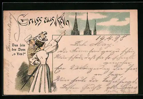 Lithographie Köln, Liebespaar blickt zum Dom