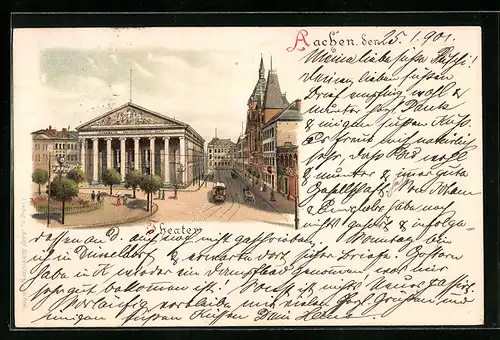 Lithographie Aachen, Blick auf Theater
