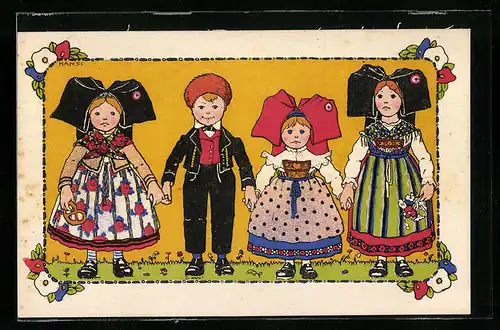 Künstler-AK Hansi: Holländer mit Holländerinnen in einer Reihe