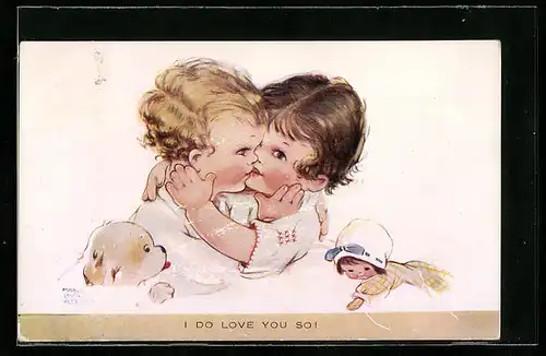 Künstler-AK Mabel Lucie Attwell: Kinderpaar küsst sich