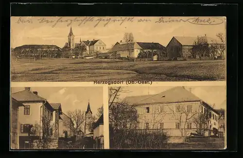 AK Herzogsdorf, Ortspartie mit Kirche, Gebäudeansicht, Brunnen