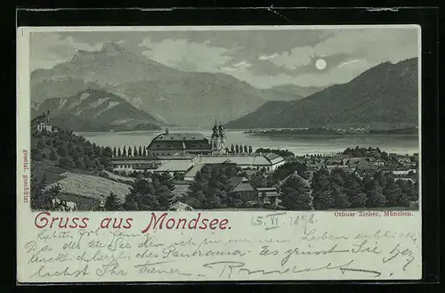 Mondschein-Lithographie Mondsee, Teilansicht mit Kirche