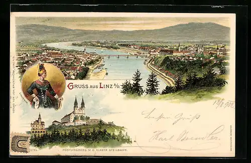 Lithographie Linz a. D., Teilansicht mit Brücke, Pöstlingberg mit der elektrischen Seilbahn