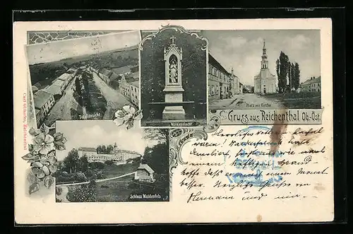 AK Reichenthal, Schloss Waldenfels, Platz mit Kirche, Waldandacht