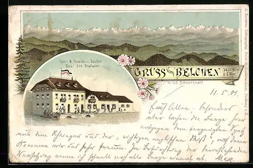 Lithographie Belchen im bad. Schwarzwald, Hotel & Pension z. Belchen, Bergpanorama