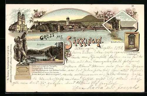 Lithographie Säkkingen, Bergsee, Scheffelturm, Grabmal d. Trompeters von Säkkingen