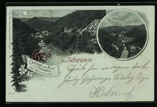 Mondschein-Lithographie Tiefenstein, Panorama, Uferpartie