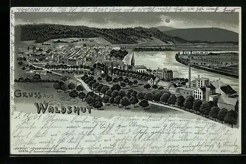 Mondschein-AK Waldshut, Teilansicht mit Kirche