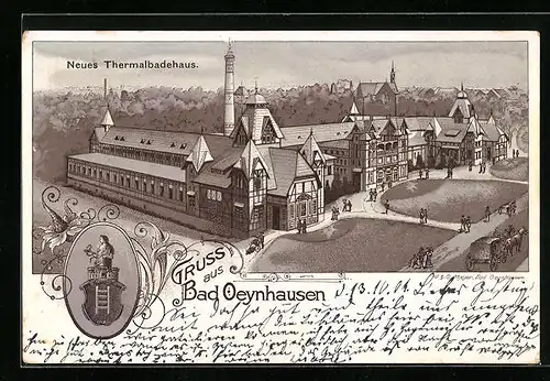 Lithographie Bad Oeynhausen, Neues Thermalbadehaus, Wappen