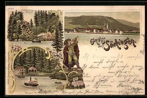 Lithographie Säckingen, Uferpartie mit Kirche, Scheffelfelsen und Bergsee, Gedenkstein dem Dichter Dr. J. Vict. Scheffel