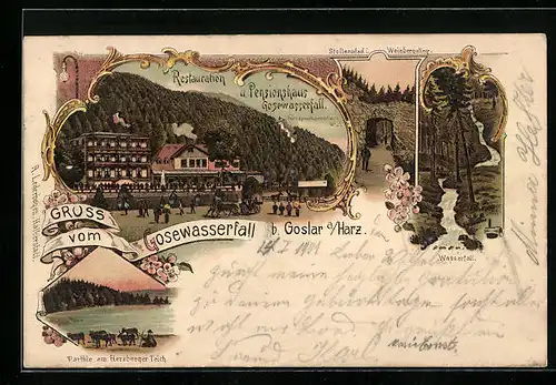 Lithographie Goslar a. Harz, Restaurant und Pension Gosewaserfall, Stollenpfad i. Weinbergstieg, Herzberger Teich