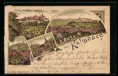 Lithographie Kulmbach, Plassenburg v. d. Nordseite, St. Petri-Kirche, Rathaus