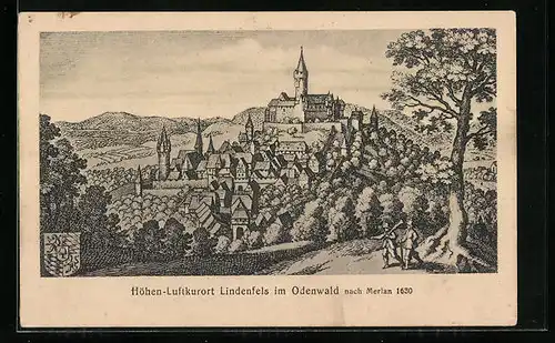 Künstler-AK Lindenfels im Odenwald, Ortsansicht nach Merian