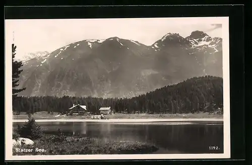 AK St. Moritz, Statzer See, Blick zum Gasthaus am Seeufer unter den Bergen