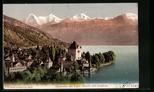 AK Oberhofen, Ortstotale mit Eiger, Mönch und Jungfrau
