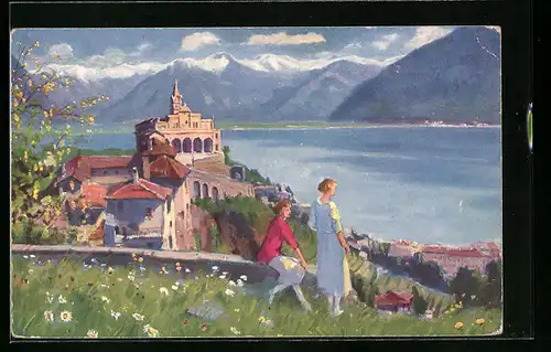 Künstler-AK Orselina, Madonna del Sasso, nach Paolo Kutscha, Pärchen über dem See