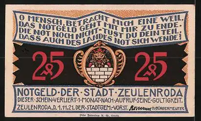 Notgeld Zeulenroda 1921, 25 Pfennig, Silhouette der Stadt
