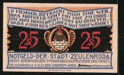 Notgeld Zeulenroda 1921, 25 Pfennig, Strasse mit Blick zur Kirche