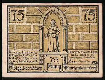 Notgeld Münchenbernsdorf 1921, 75 Pfennig, Mönch von Münchenbernsdorf