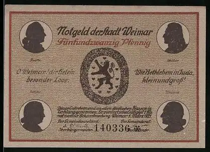 Notgeld Weimar, 25 Pfennig, Schiller, Goethe, Goethehaus am Frauenplan