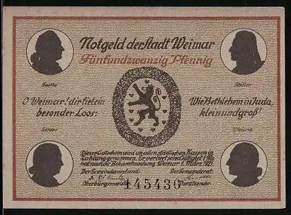 Notgeld Weimar, 25 Pfennig, Schiller, Goethe, Schillerhaus