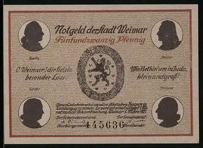 Notgeld Weimar, 25 Pfennig, Schiller, Goethe, Goethes Gartenhaus im Park