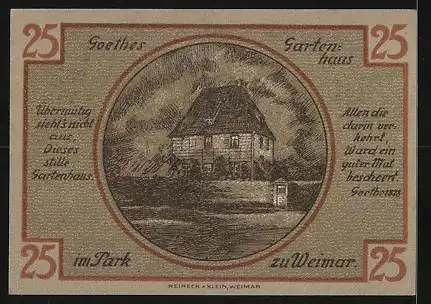 Notgeld Weimar, 25 Pfennig, Schiller, Goethe, Goethes Gartenhaus im Park