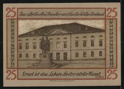 Notgeld Weimar, 25 Pfennig, Schiller, Goethe, Altes Theater und Goethe-Schiller-Denkmal