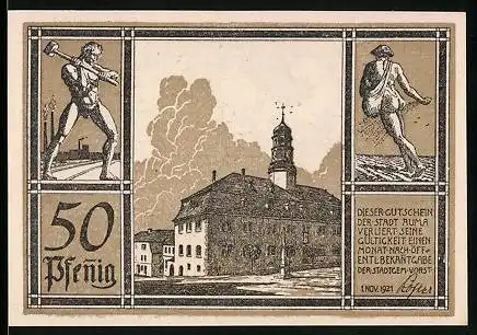 Notgeld Auma 1921, 50 Pfennig, Rathaus und Sämann
