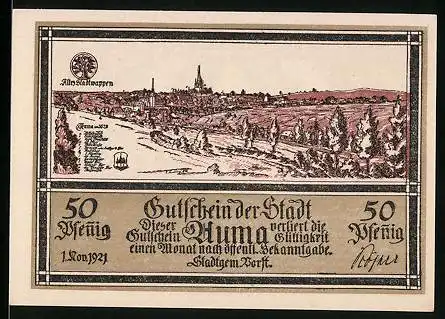 Notgeld Auma 1921, 50 Pfennig, Stadtansicht anno 1628