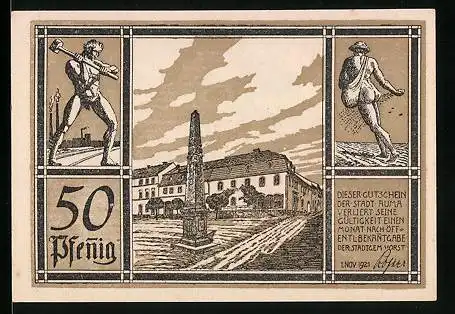 Notgeld Auma 1921, 50 Pfennig, Obelisk und Sämann