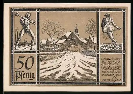 Notgeld Auma 1921, 50 Pfennig, Strassenpartie im Winter, Arbeiter mit Hammer