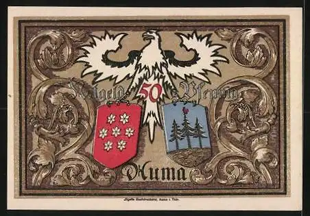 Notgeld Auma 1921, 50 Pfennig, Strassenpartie im Winter, Arbeiter mit Hammer