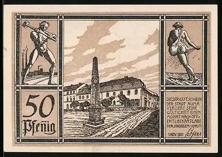 Notgeld Auma 1921, 50 Pfennig, Arbeiter mit Hammer, Obelisk