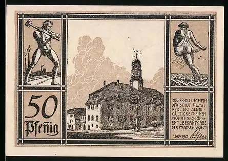 Notgeld Auma 1921, 50 Pfennig, Arbeiter mit Hammer, Rathaus