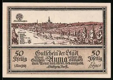 Notgeld Auma 1921, 50 Pfennig, Stadtansicht von 1628
