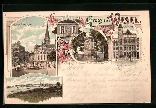 Lithographie Wesel, Marktplatz mit Kirche, Rathaus, Eisenbahnbrücke