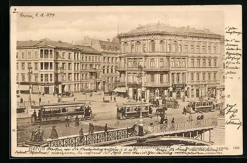 AK Berlin, Potsdamer Brücke mit Geschäften und Strassenbahn