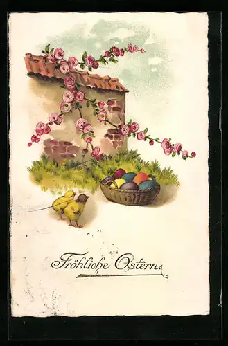 AK Osterküken mit Korb voller Ostereiern