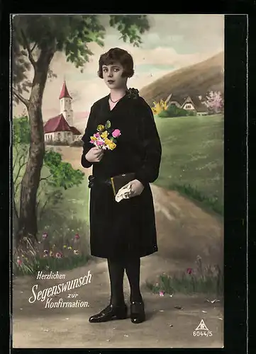AK Junge Dame mit Blumenstrauss zur Konfirmation