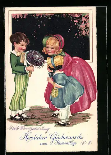 AK Kinder mit Blumenstrauss zum Namenstag