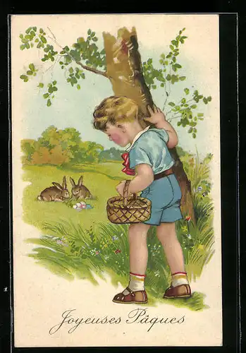 AK Junge beobachtet Osterhasen auf der Wiese