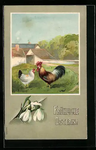 AK Hühner auf der Wiese, Fröhliche Ostern