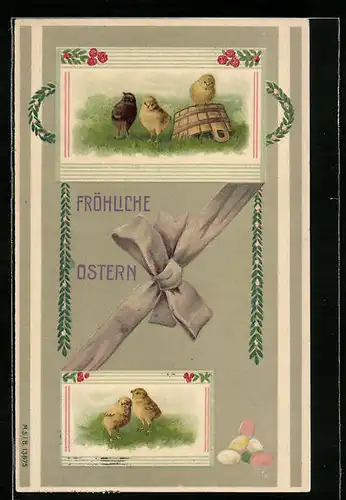 AK Osterküken mit Schleife und Ostereiern