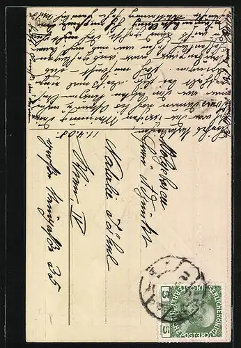 AK Osterküken mit Schleife und Ostereiern