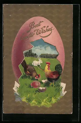 AK Hühner mit Osterhasen auf der Wiese