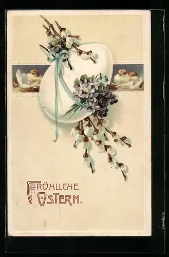AK Fröhliche Ostern, Osterküken mit Osterei
