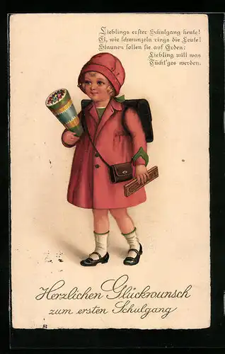 AK Mädchen mit Schultüte und Ranzen zum Schulanfang