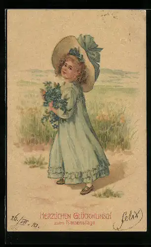 AK Mädchen im Kleid mit Blumen zum Namenstag