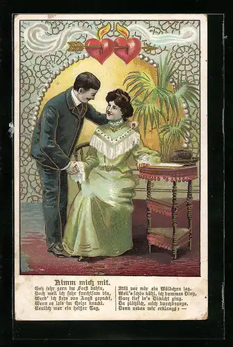 AK Nimm mich mit, Liebespaar mit Herzen